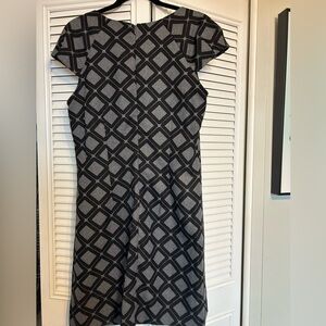 Grey and black geo print dress with matching belt